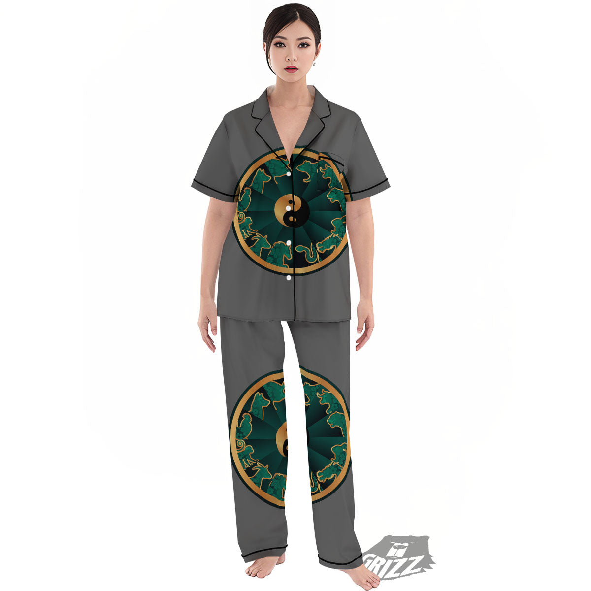 Chinese Zodiac Gold And Green Print Women's Pajamas Set-grizzshop