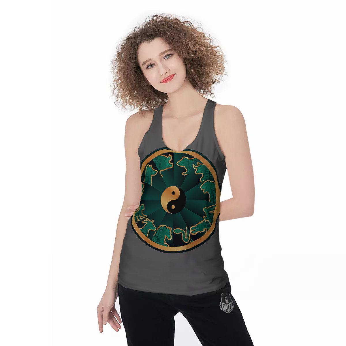 Chinese Zodiac Gold And Green Print Women's Racerback Tank Top-grizzshop