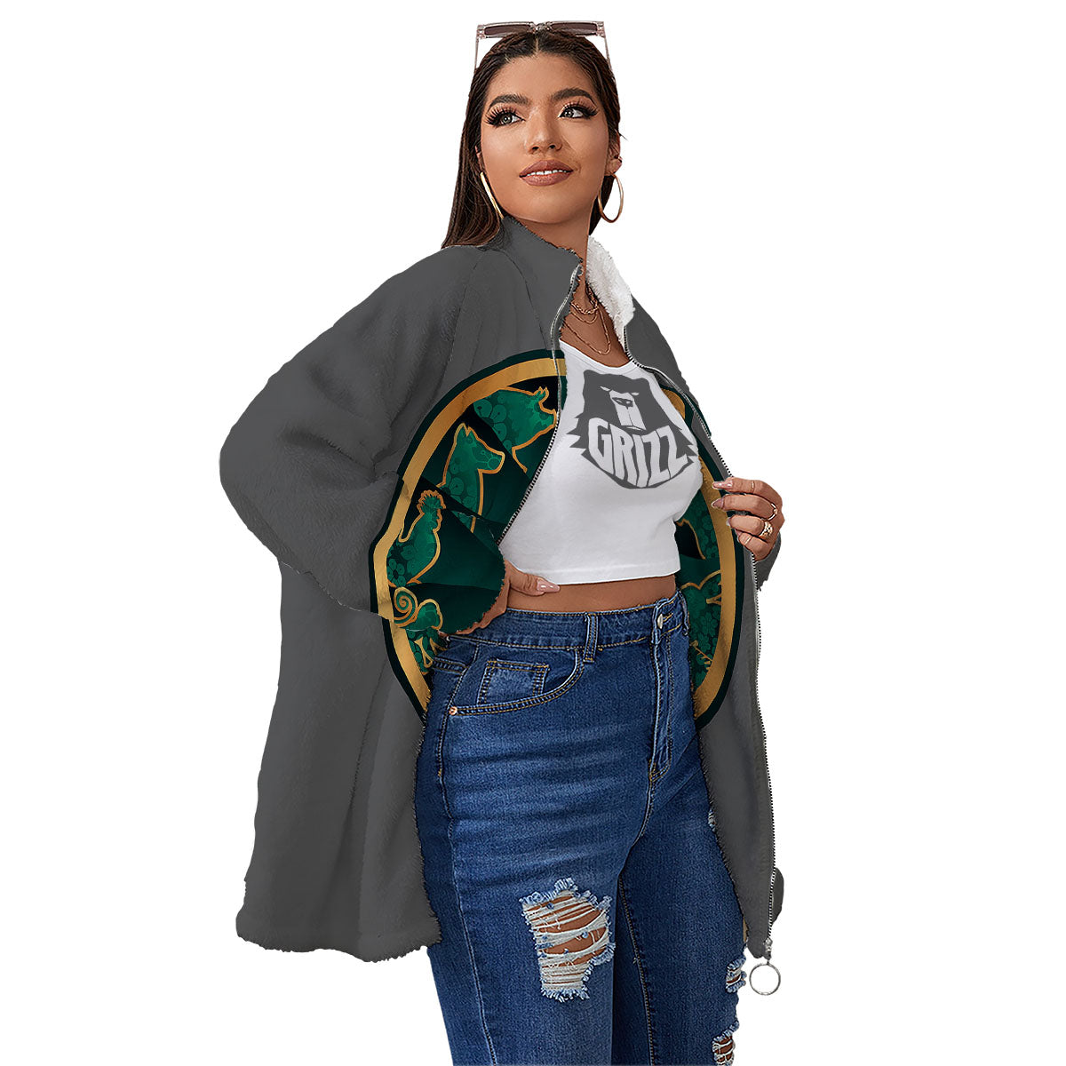 Chinese Zodiac Gold And Green Print Women's Sherpa Jacket-grizzshop