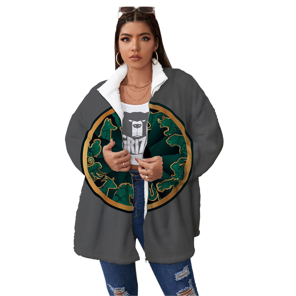 Chinese Zodiac Gold And Green Print Women's Sherpa Jacket-grizzshop