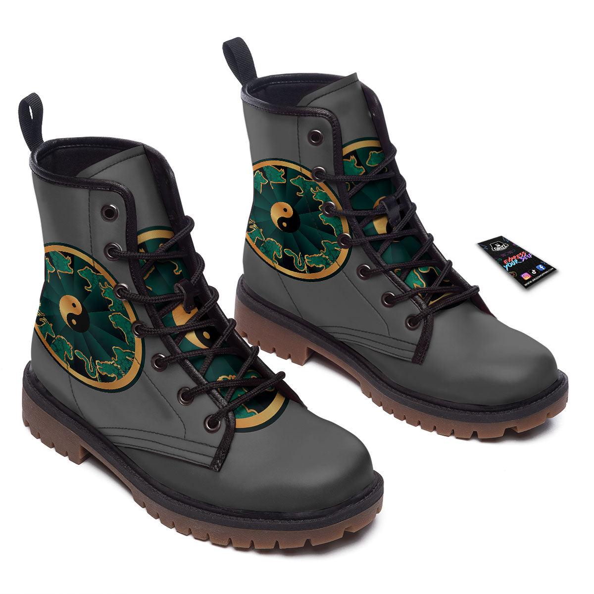 Chinese Zodiac Gold And Green Print Work Boots-grizzshop