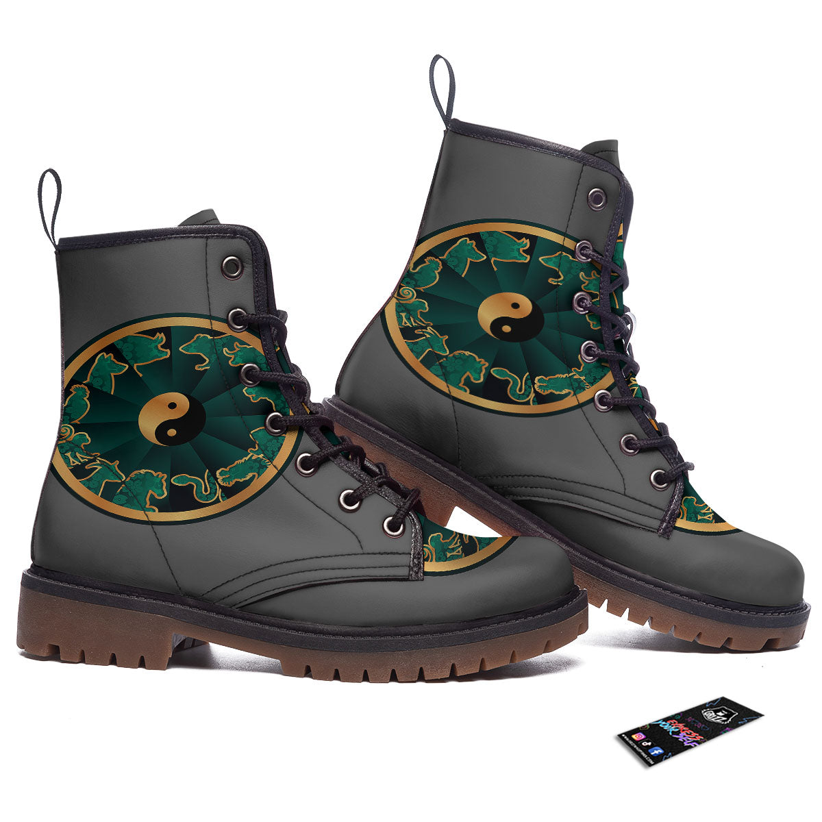 Chinese Zodiac Gold And Green Print Work Boots-grizzshop