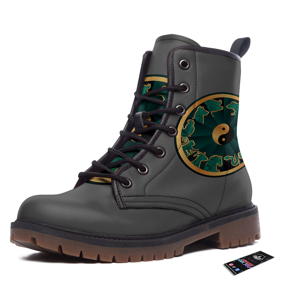 Chinese Zodiac Gold And Green Print Work Boots-grizzshop