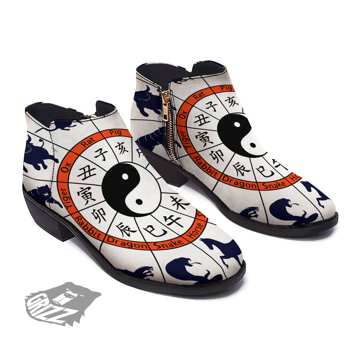 Chinese Zodiac Signs Yin Yang Print Ankle Boots-grizzshop