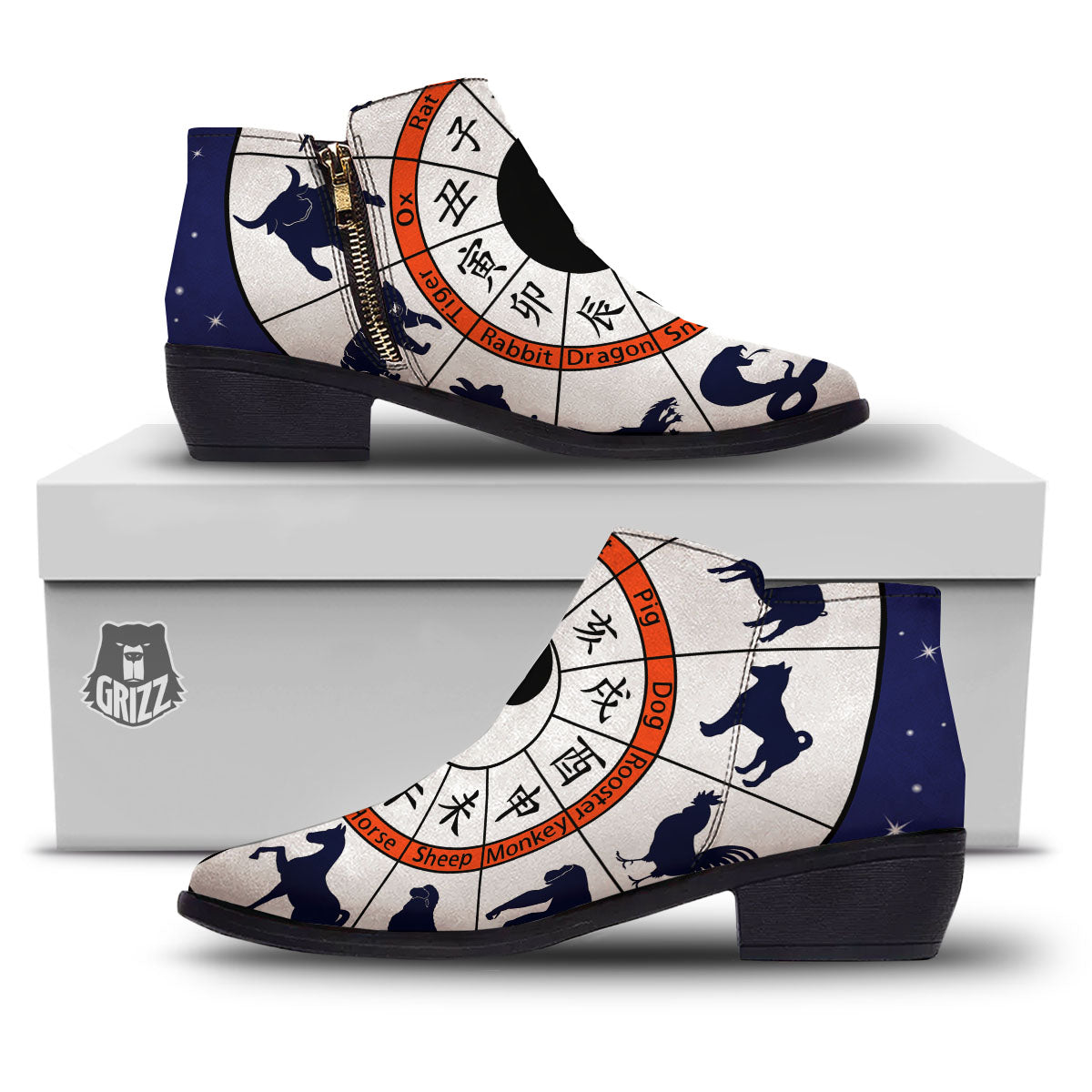 Chinese Zodiac Signs Yin Yang Print Ankle Boots-grizzshop