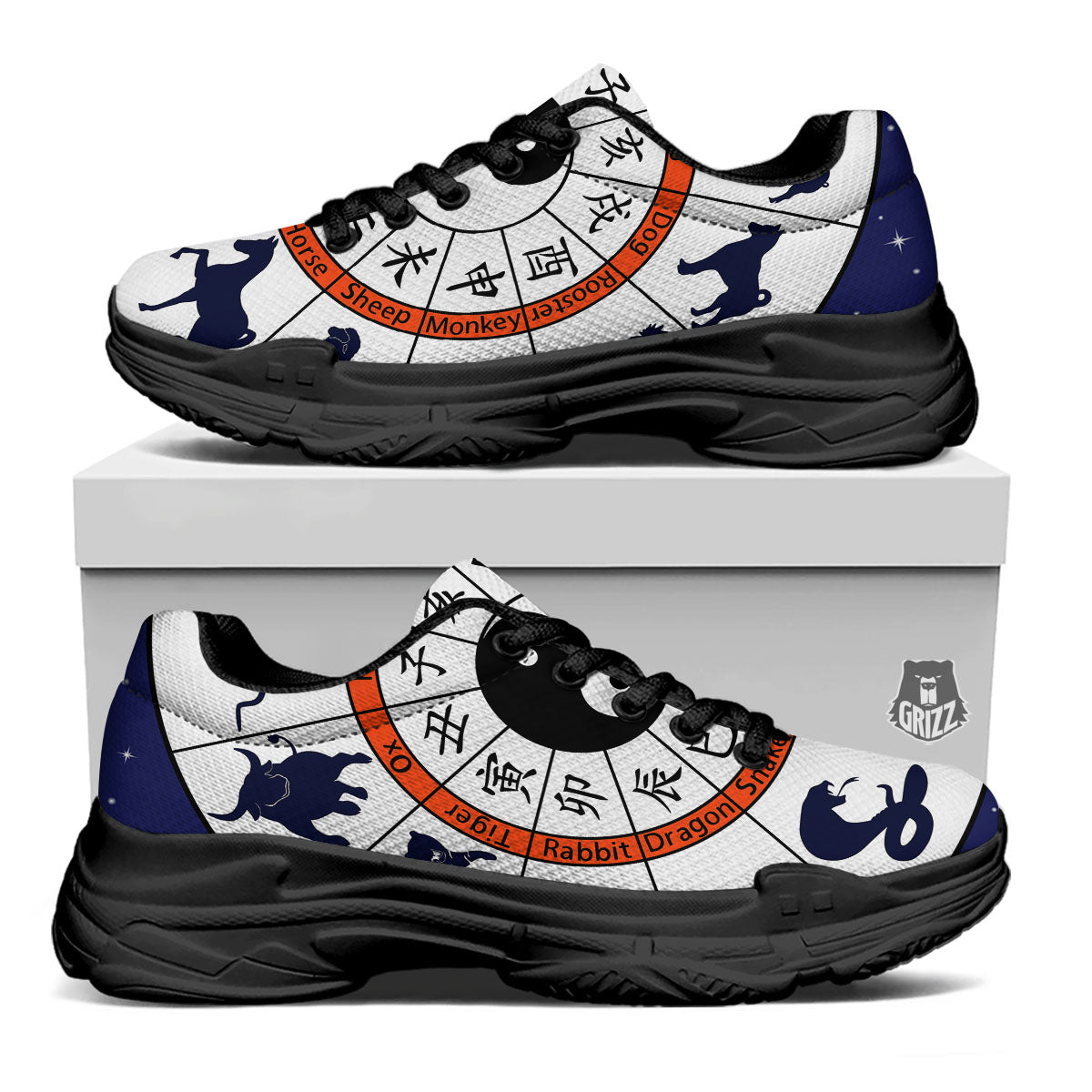 Chinese Zodiac Signs Yin Yang Print Black Chunky Shoes-grizzshop