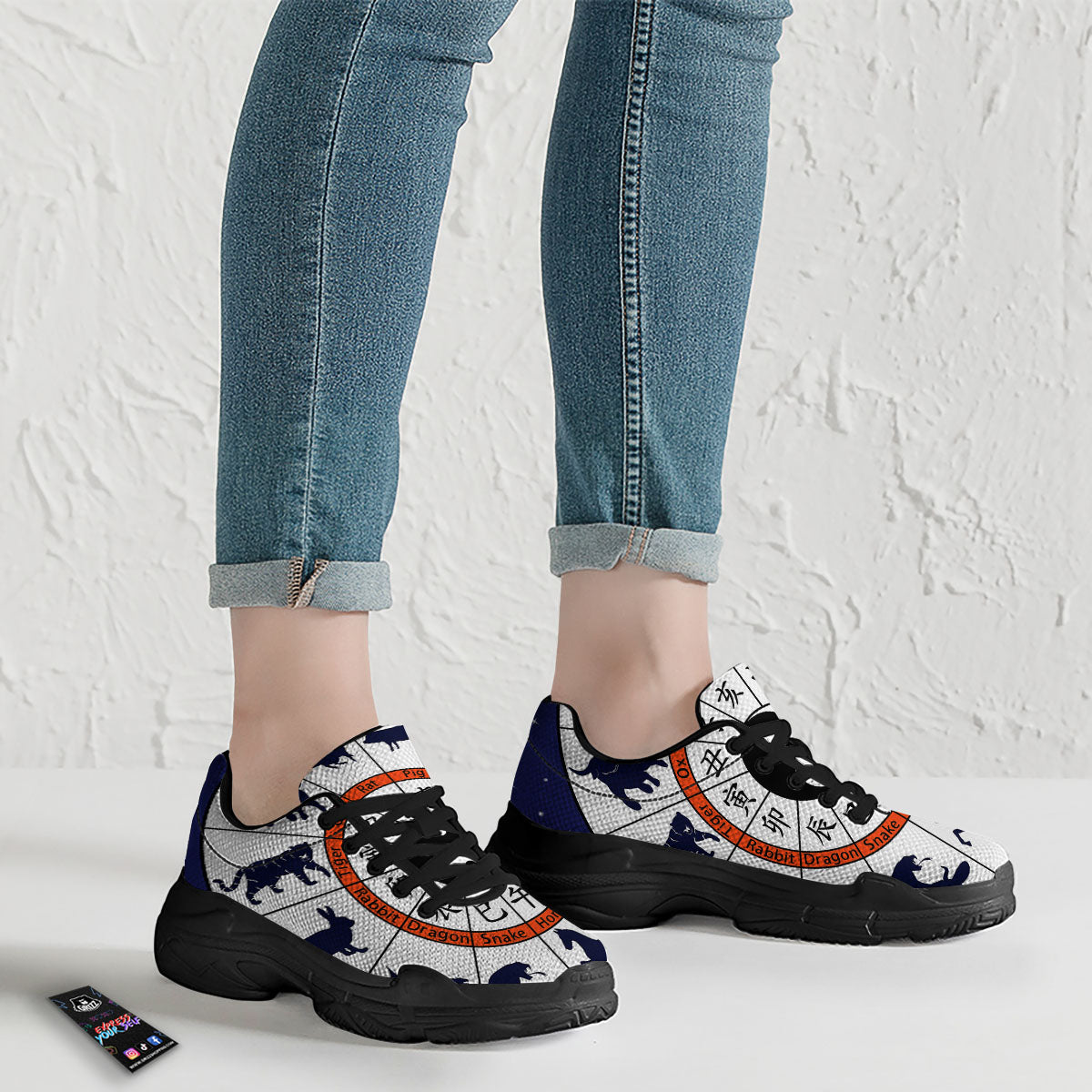 Chinese Zodiac Signs Yin Yang Print Black Chunky Shoes-grizzshop