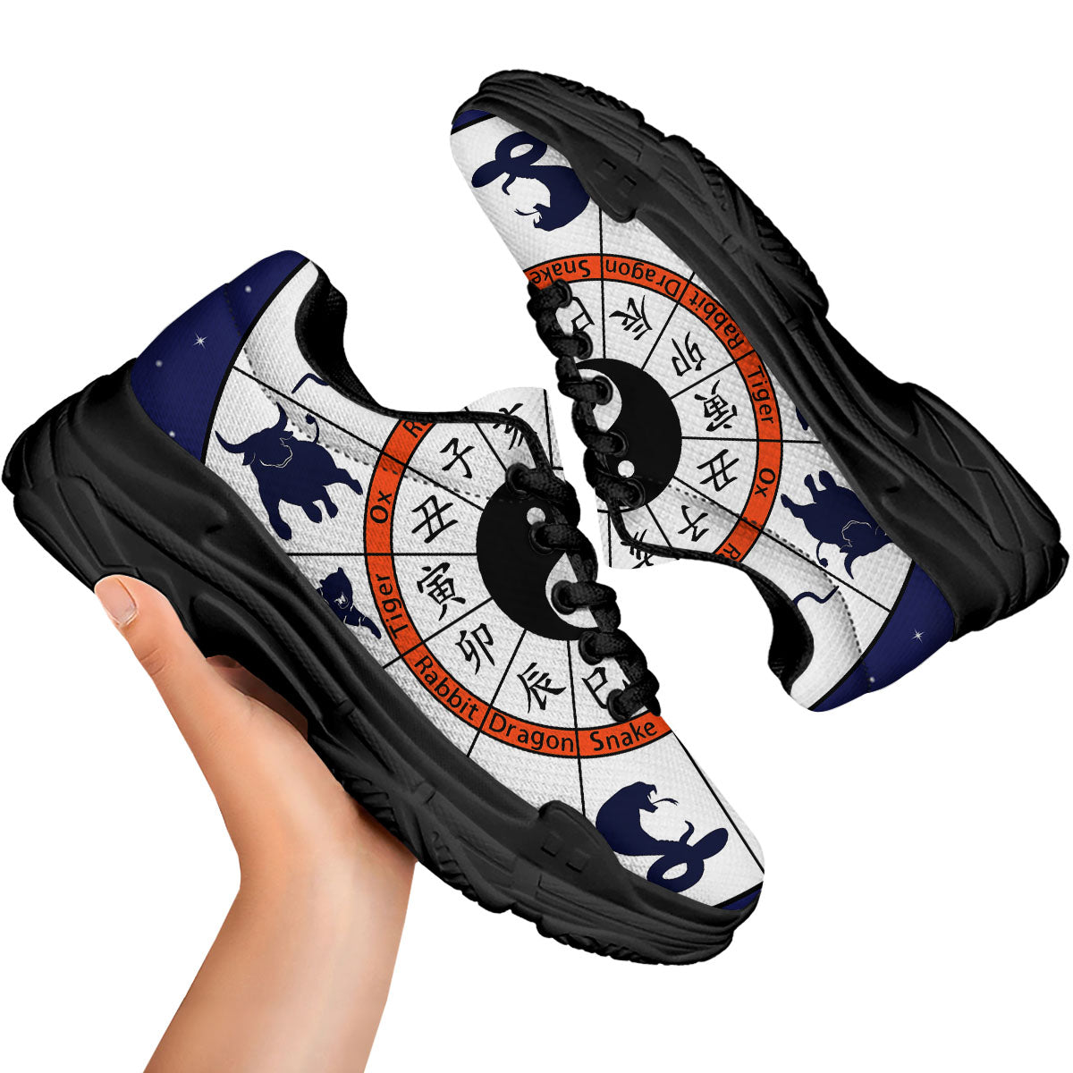 Chinese Zodiac Signs Yin Yang Print Black Chunky Shoes-grizzshop
