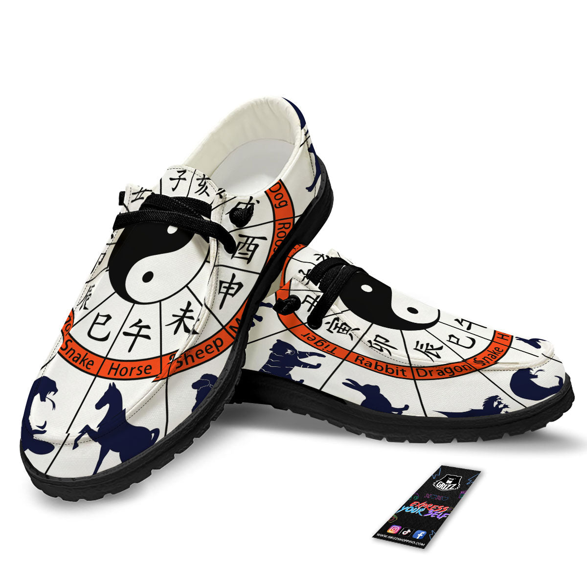 Chinese Zodiac Signs Yin Yang Print Black Loafers-grizzshop