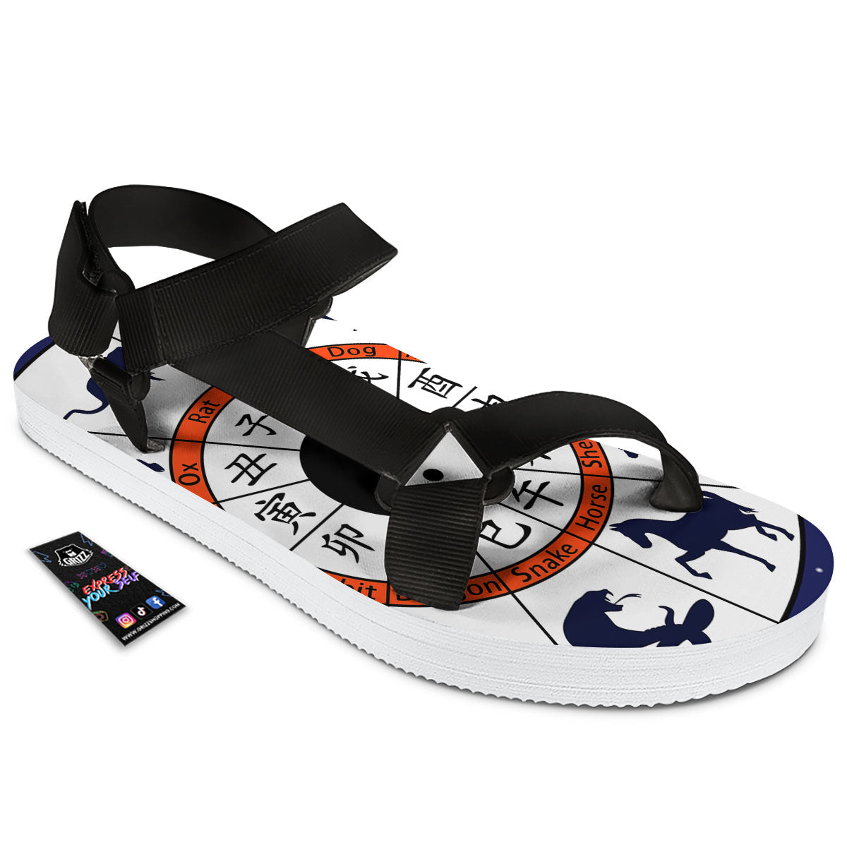 Chinese Zodiac Signs Yin Yang Print Black Open Toe Sandals-grizzshop
