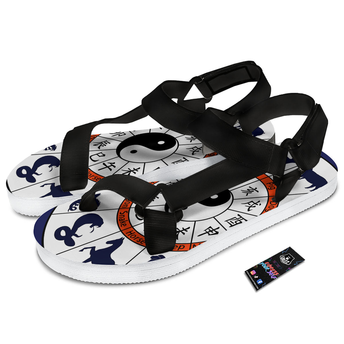 Chinese Zodiac Signs Yin Yang Print Black Open Toe Sandals-grizzshop