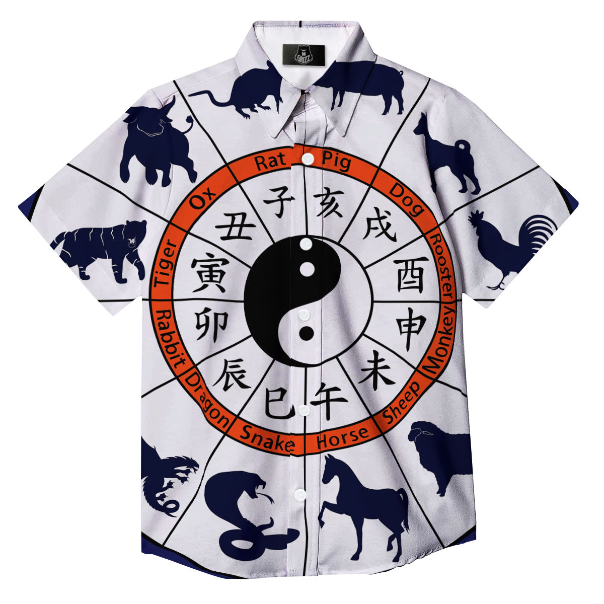Chinese Zodiac Signs Yin Yang Print Button Up Shirt-grizzshop