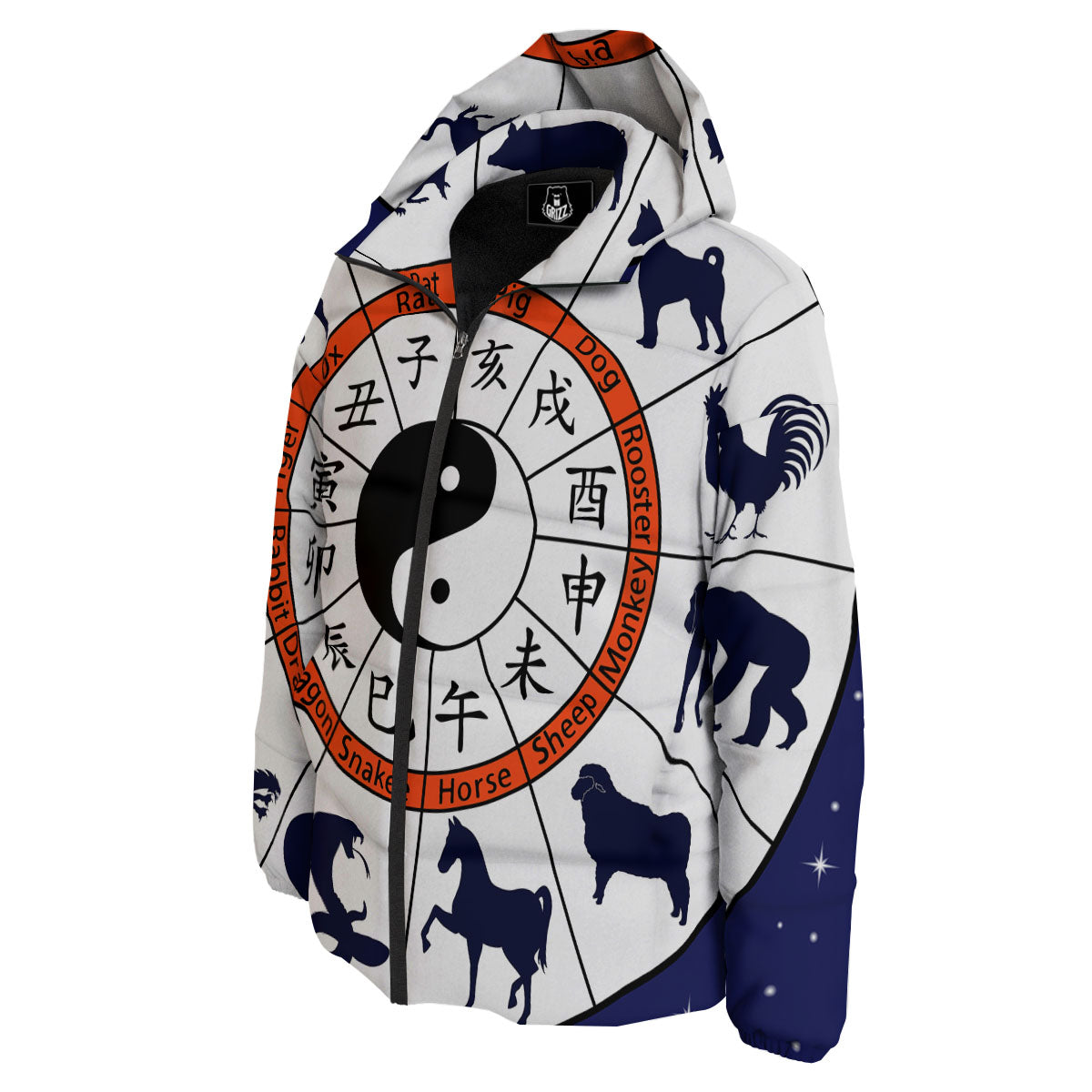 Chinese Zodiac Signs Yin Yang Print Down Jacket-grizzshop