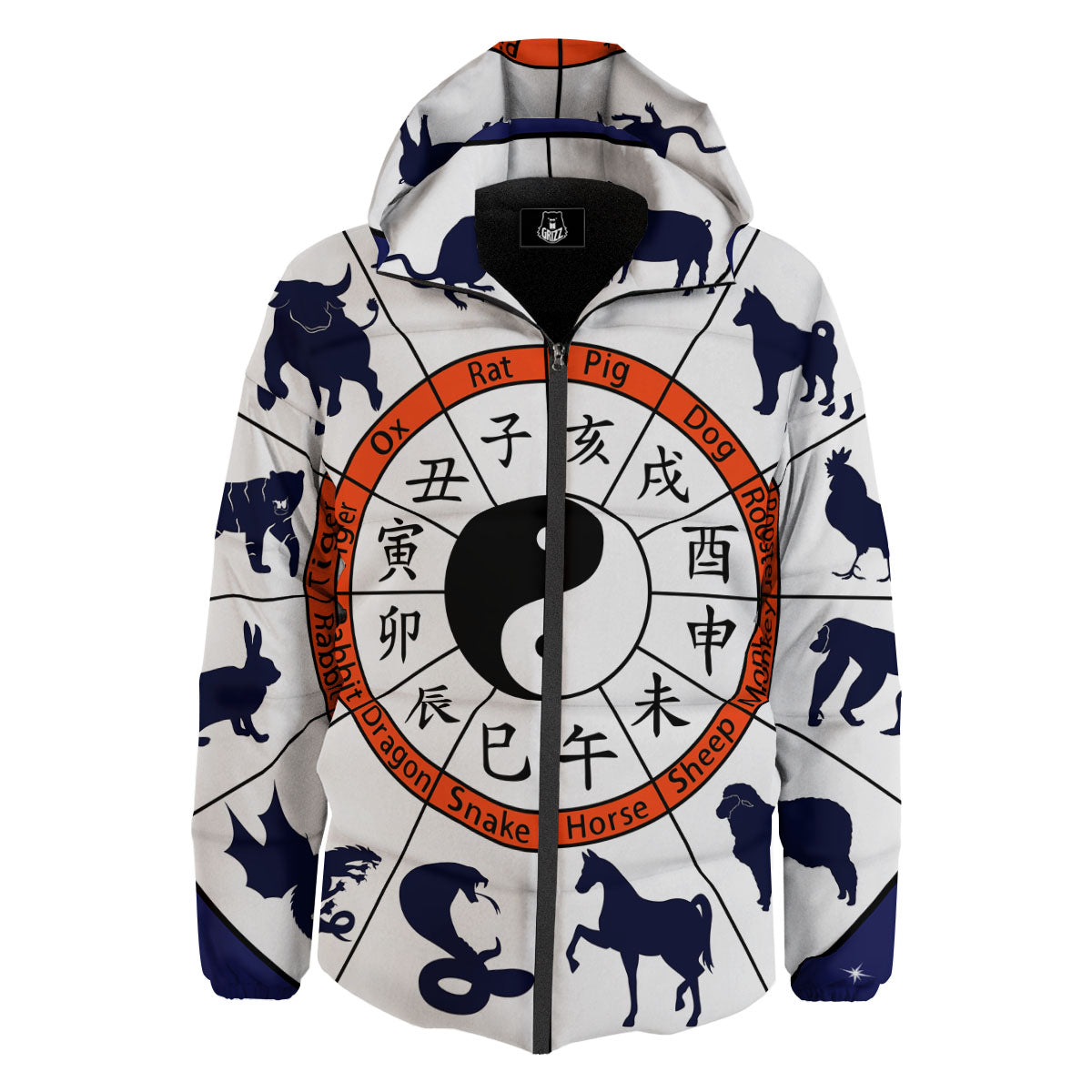 Chinese Zodiac Signs Yin Yang Print Down Jacket-grizzshop