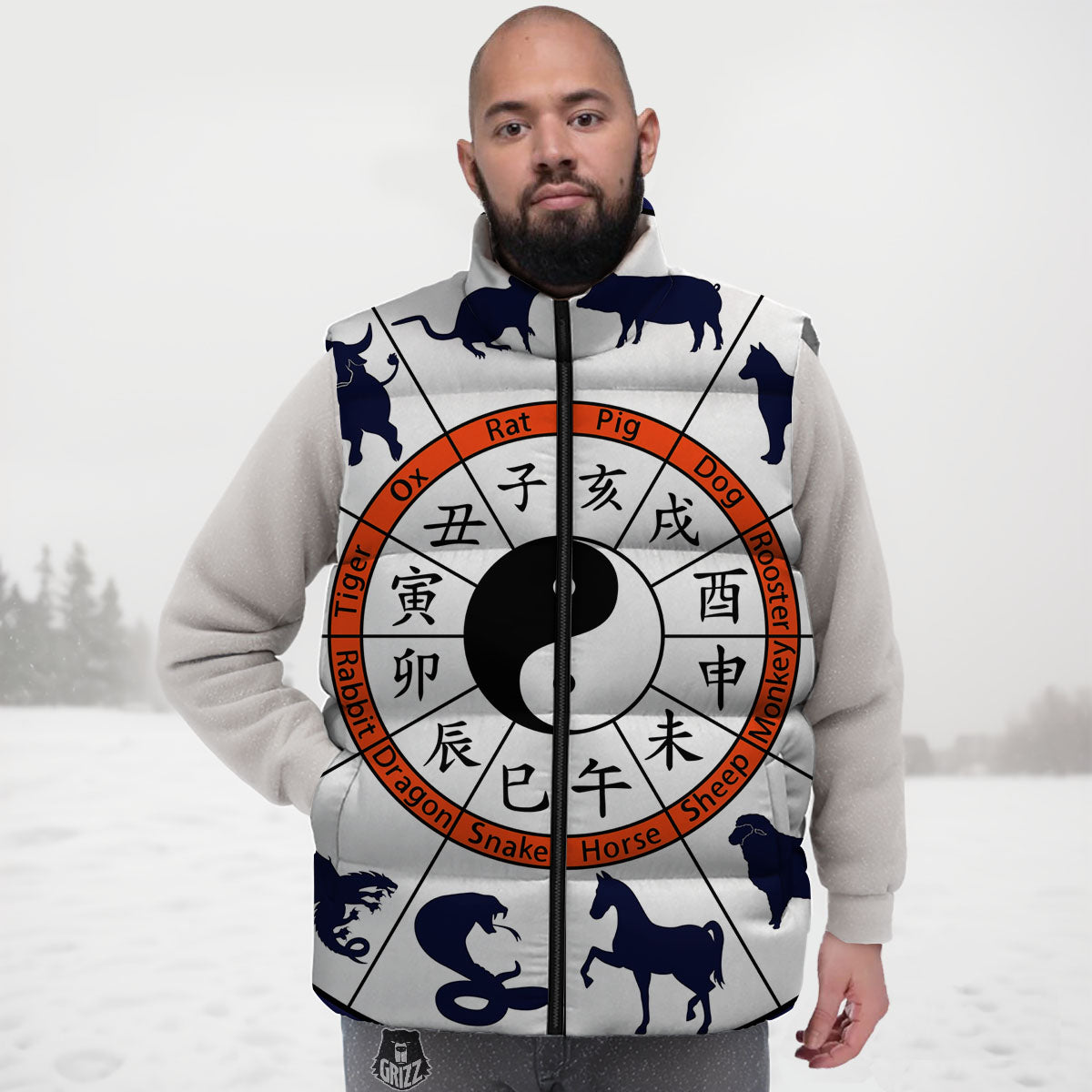 Chinese Zodiac Signs Yin Yang Print Down Vest