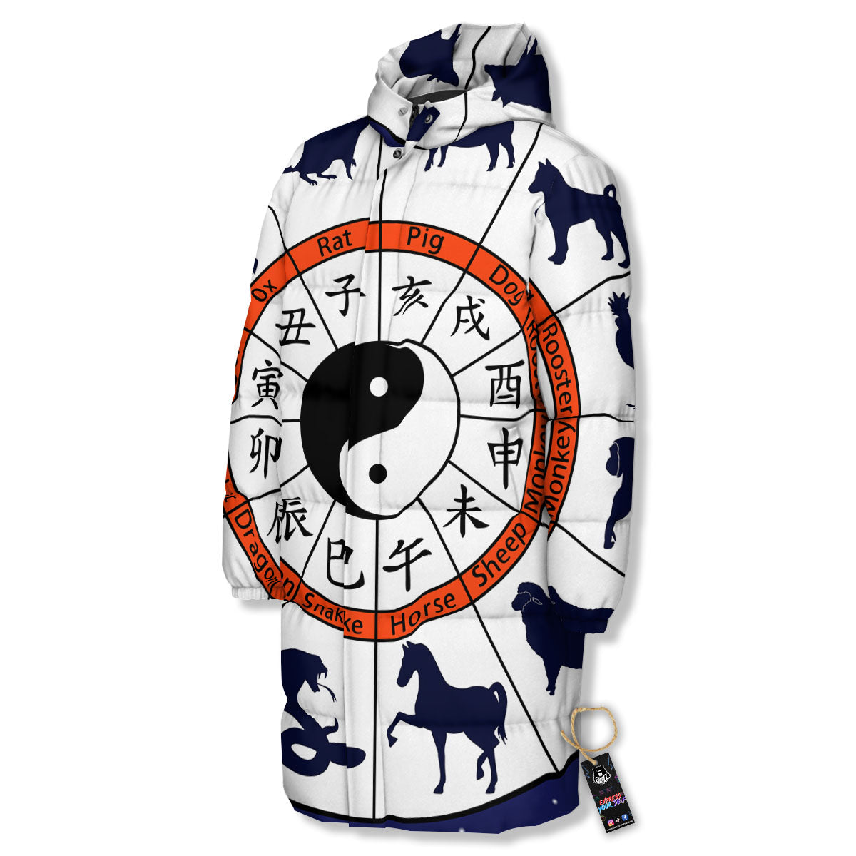 Chinese Zodiac Signs Yin Yang Print Long Down Jacket-grizzshop