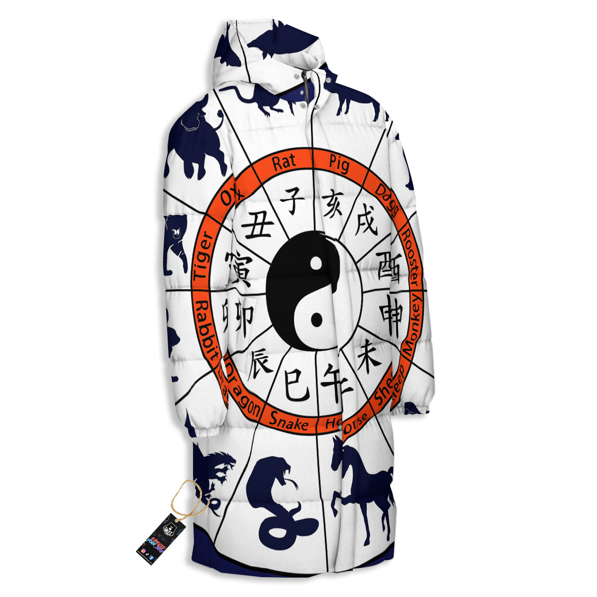 Chinese Zodiac Signs Yin Yang Print Long Down Jacket-grizzshop