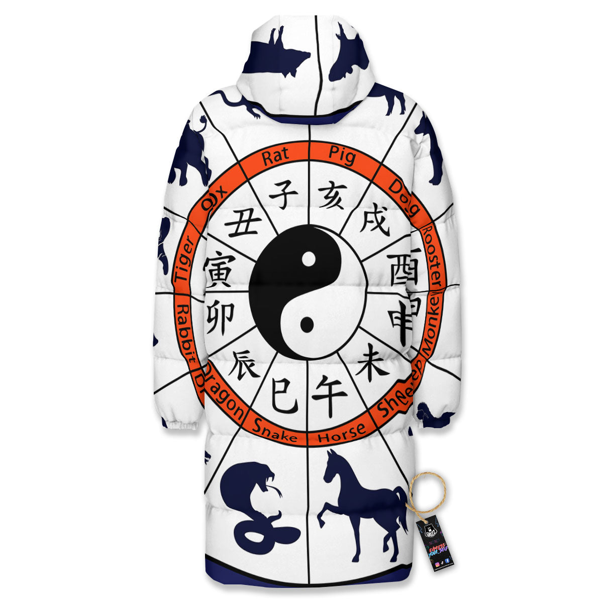 Chinese Zodiac Signs Yin Yang Print Long Down Jacket-grizzshop