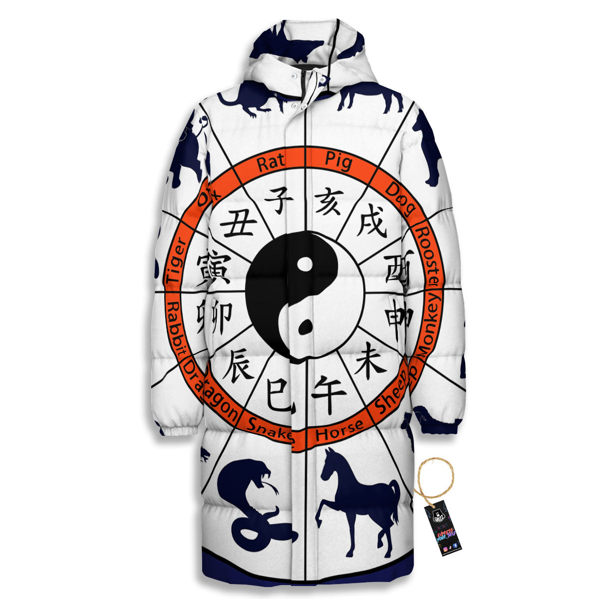 Chinese Zodiac Signs Yin Yang Print Long Down Jacket-grizzshop