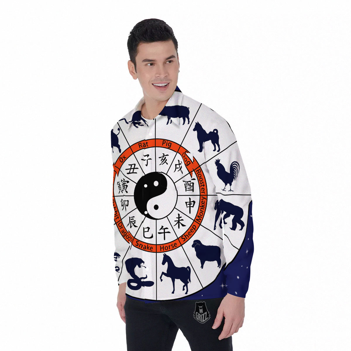 Chinese Zodiac Signs Yin Yang Print Men's Long Sleeve Shirts-grizzshop