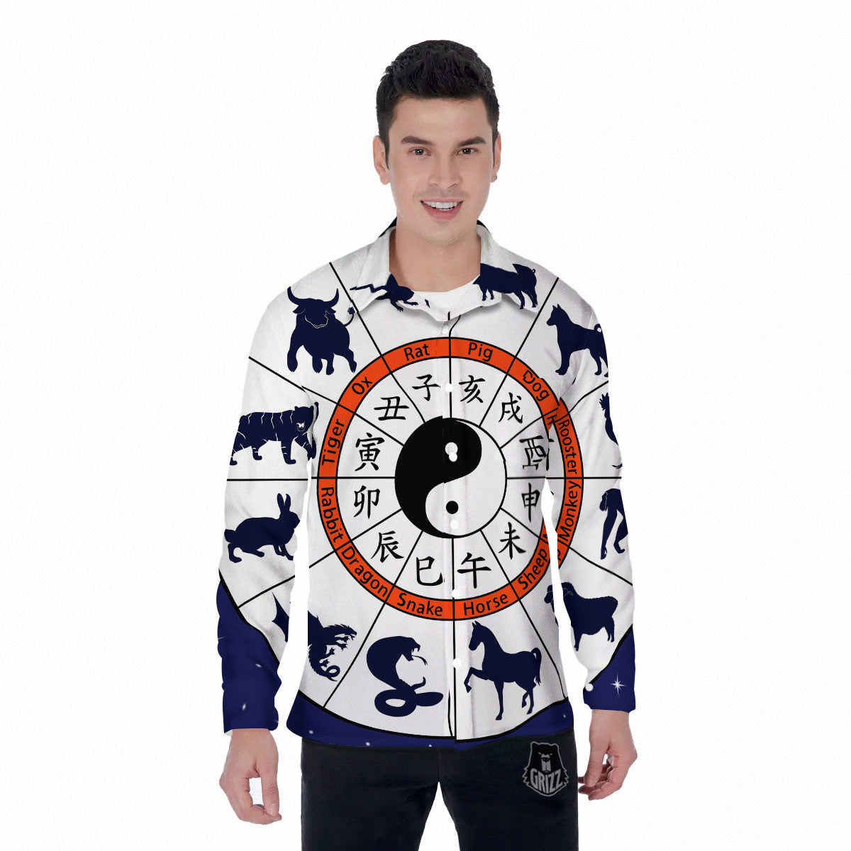 Chinese Zodiac Signs Yin Yang Print Men's Long Sleeve Shirts-grizzshop