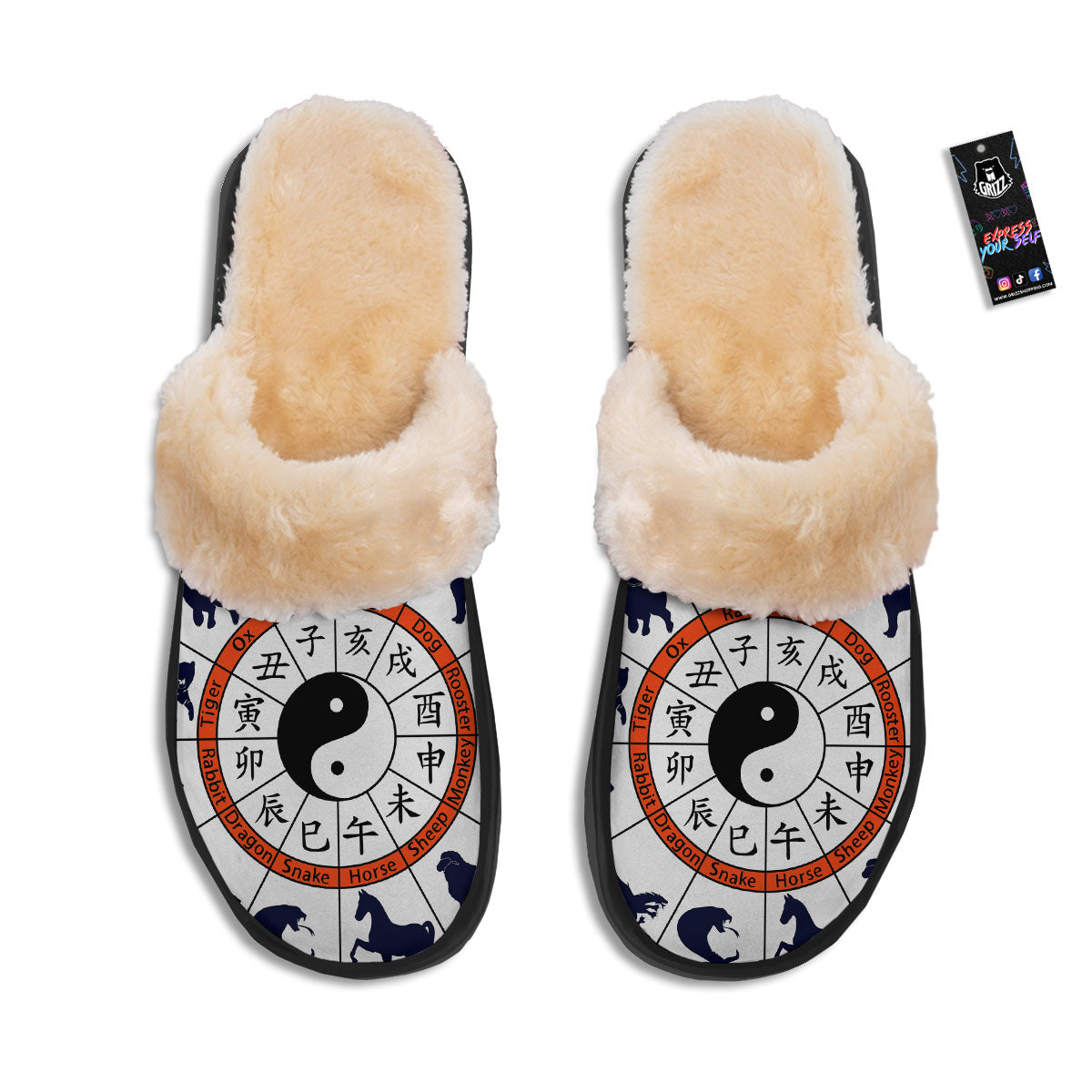Chinese Zodiac Signs Yin Yang Print Slippers-grizzshop