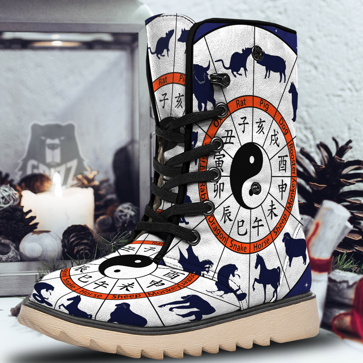Chinese Zodiac Signs Yin Yang Print Snow Boots-grizzshop