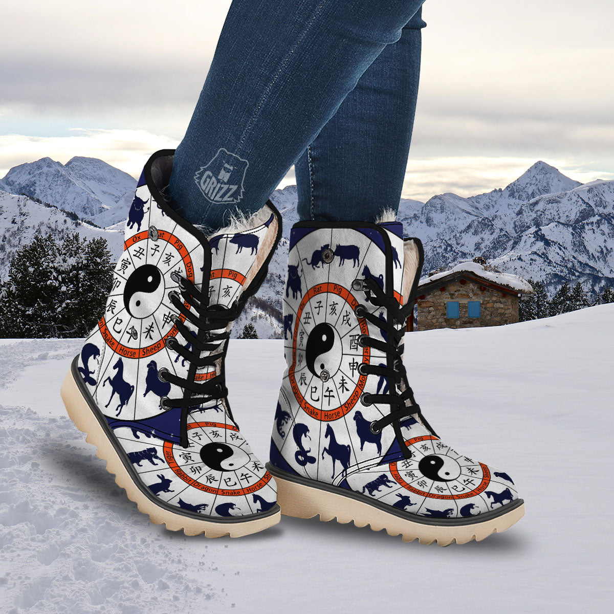 Chinese Zodiac Signs Yin Yang Print Snow Boots-grizzshop