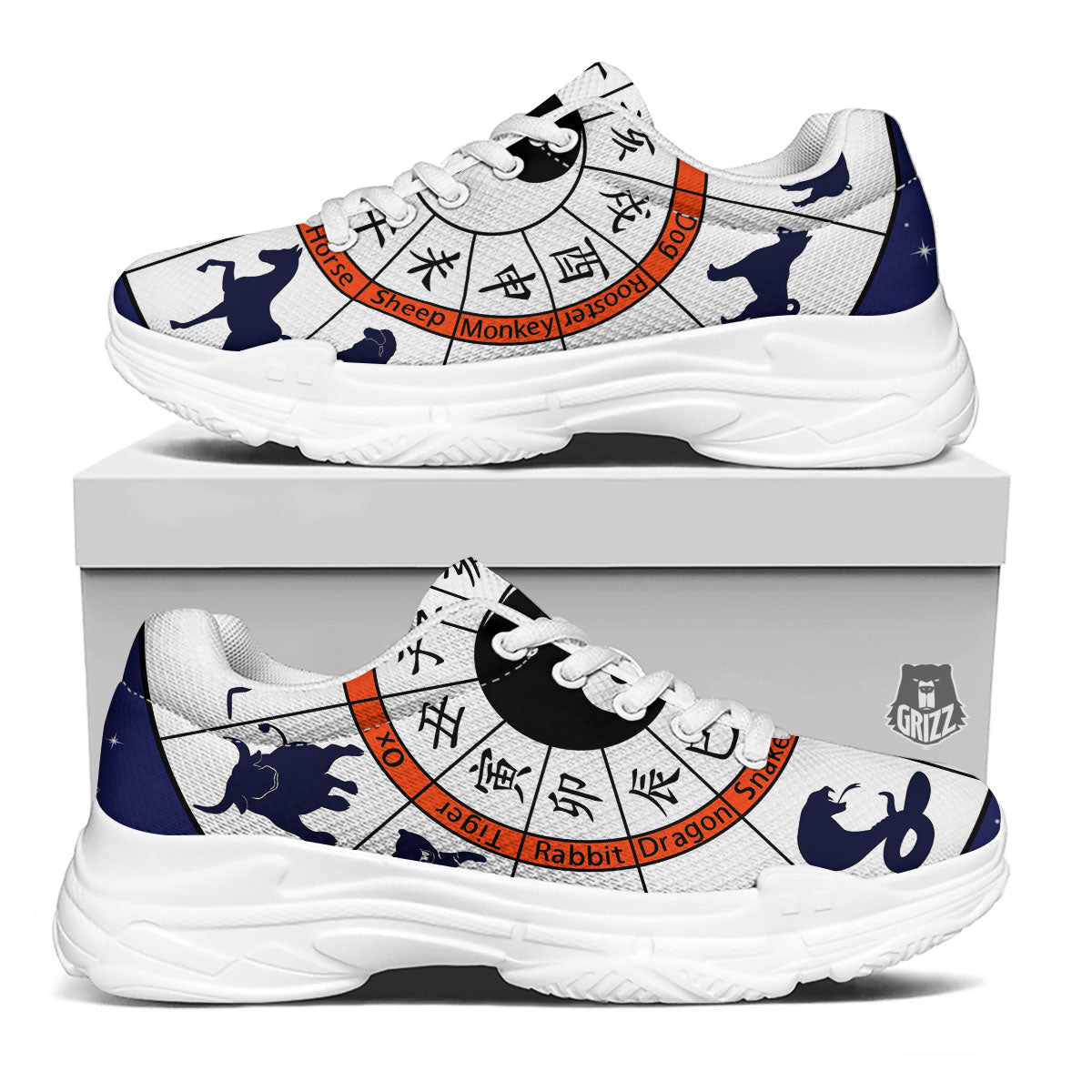 Chinese Zodiac Signs Yin Yang Print White Chunky Shoes-grizzshop