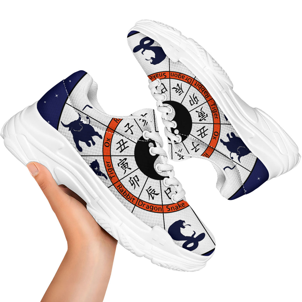 Chinese Zodiac Signs Yin Yang Print White Chunky Shoes-grizzshop