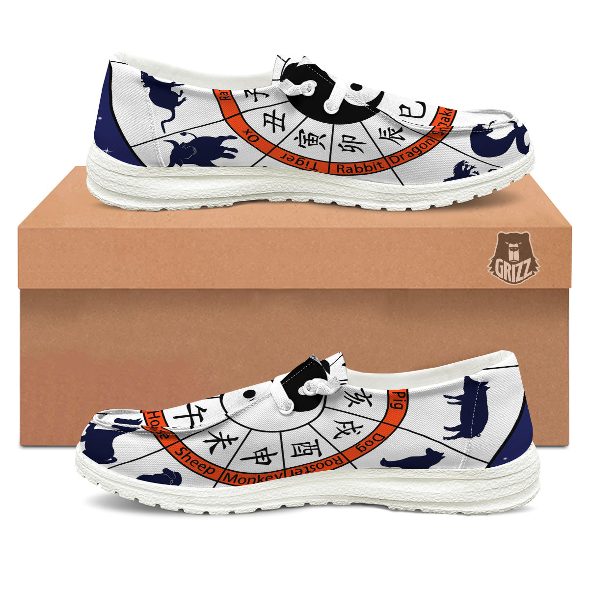 Chinese Zodiac Signs Yin Yang Print White Loafers-grizzshop