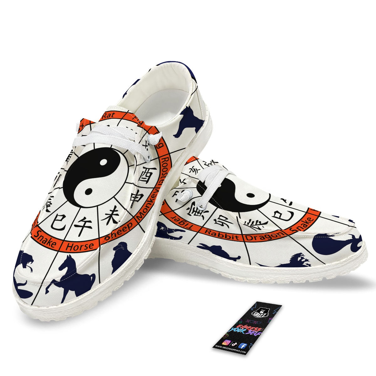 Chinese Zodiac Signs Yin Yang Print White Loafers-grizzshop
