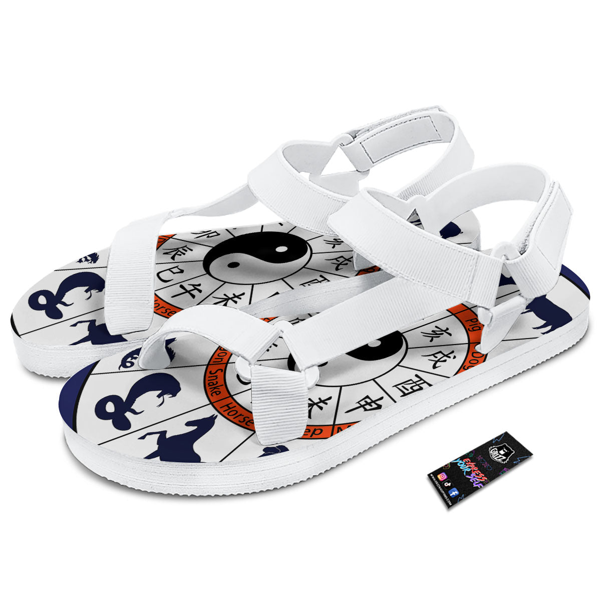 Chinese Zodiac Signs Yin Yang Print White Open Toe Sandals-grizzshop