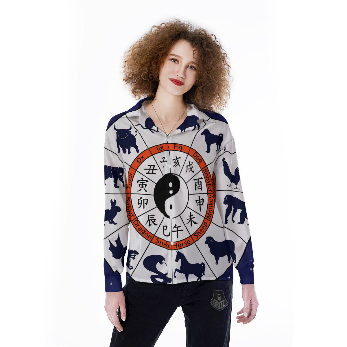 Chinese Zodiac Signs Yin Yang Print Women's Long Sleeve Shirts-grizzshop