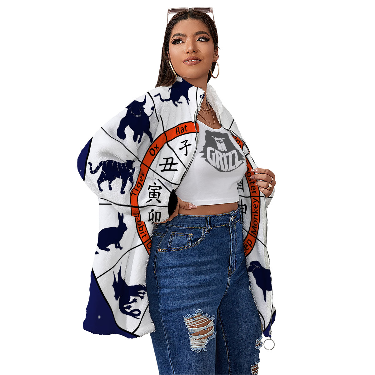 Chinese Zodiac Signs Yin Yang Print Women's Sherpa Jacket-grizzshop