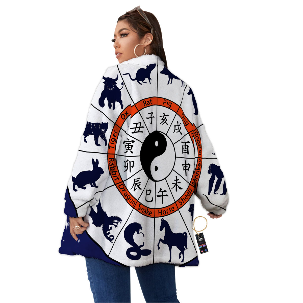 Chinese Zodiac Signs Yin Yang Print Women's Sherpa Jacket-grizzshop