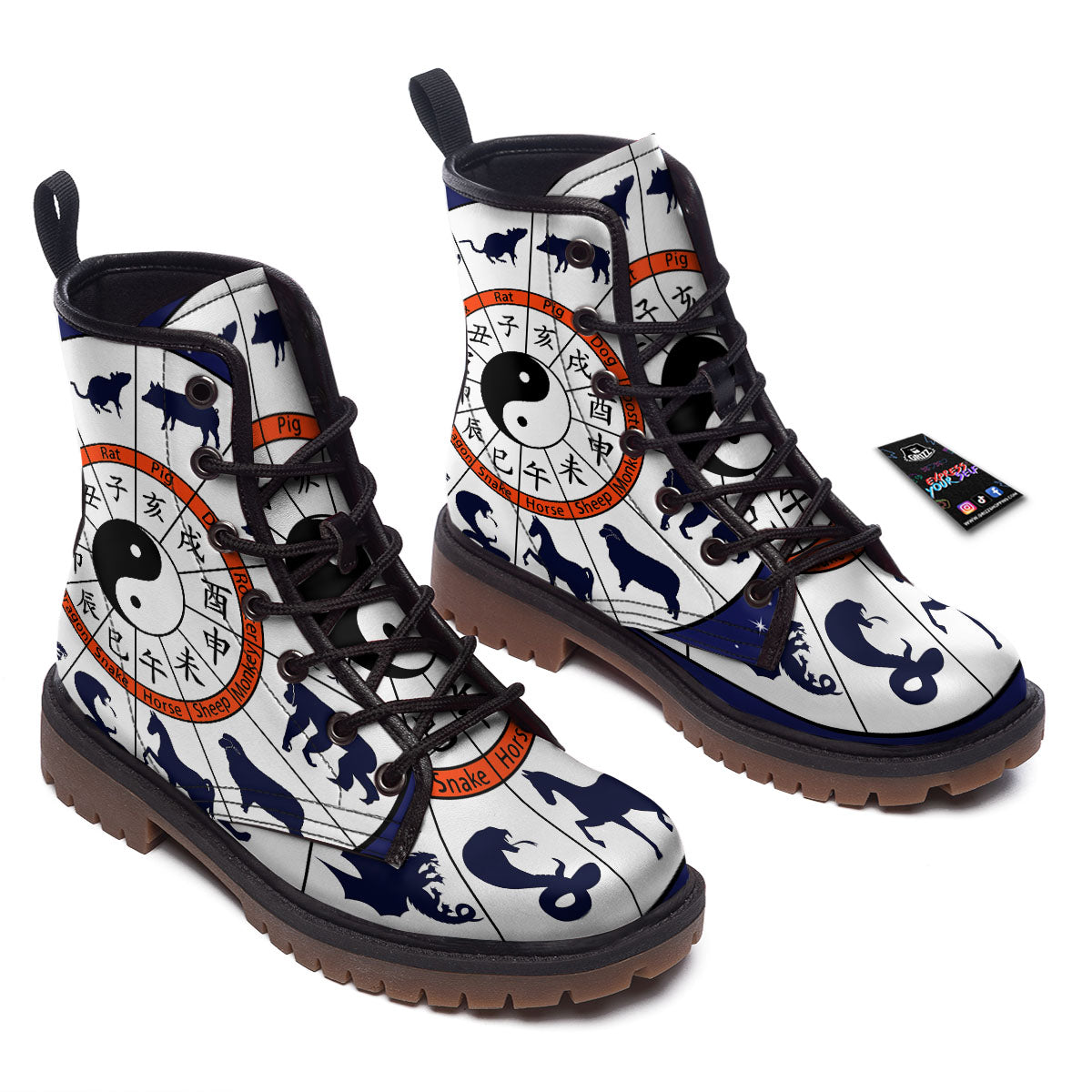 Chinese Zodiac Signs Yin Yang Print Work Boots-grizzshop