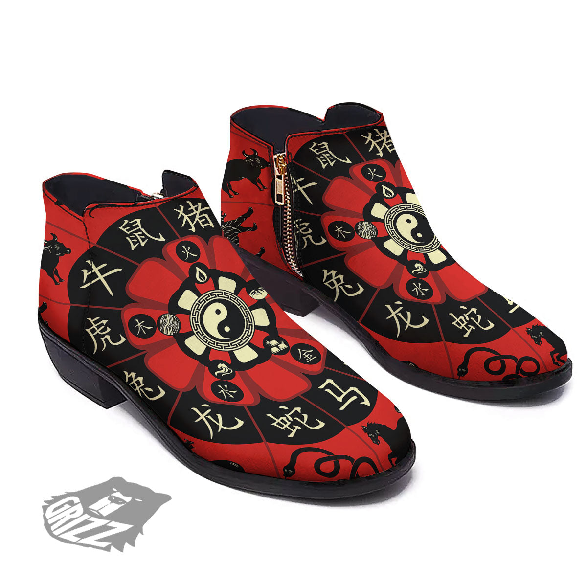Chinese Zodiac Wheel Yin Yang Print Ankle Boots-grizzshop