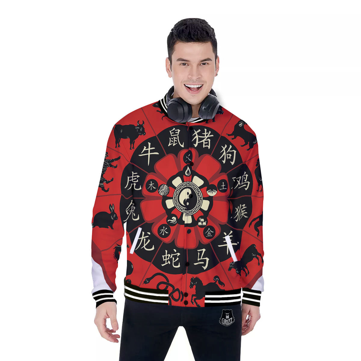 Chinese Zodiac Wheel Yin Yang Print Baseball Jacket-grizzshop