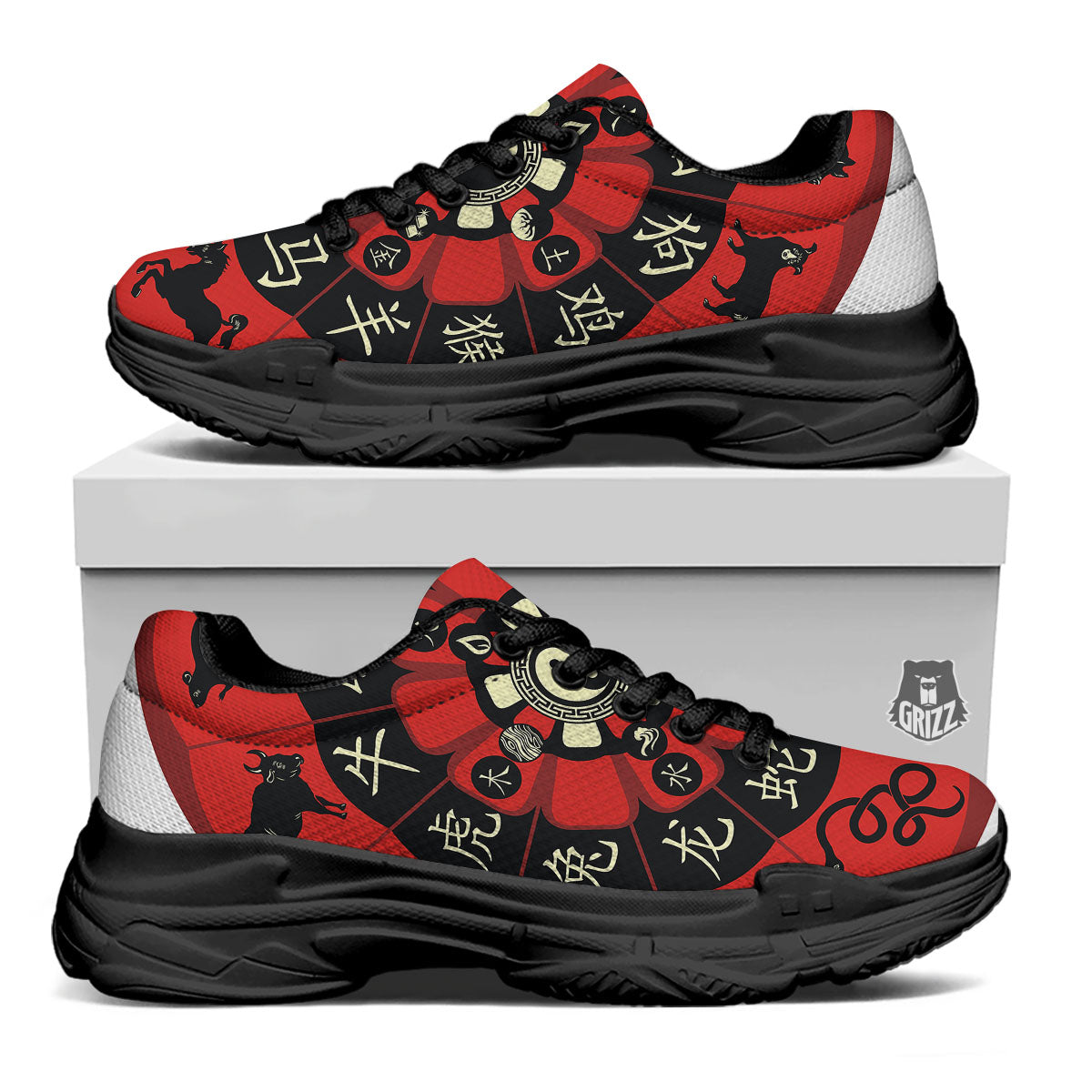 Chinese Zodiac Wheel Yin Yang Print Black Chunky Shoes-grizzshop