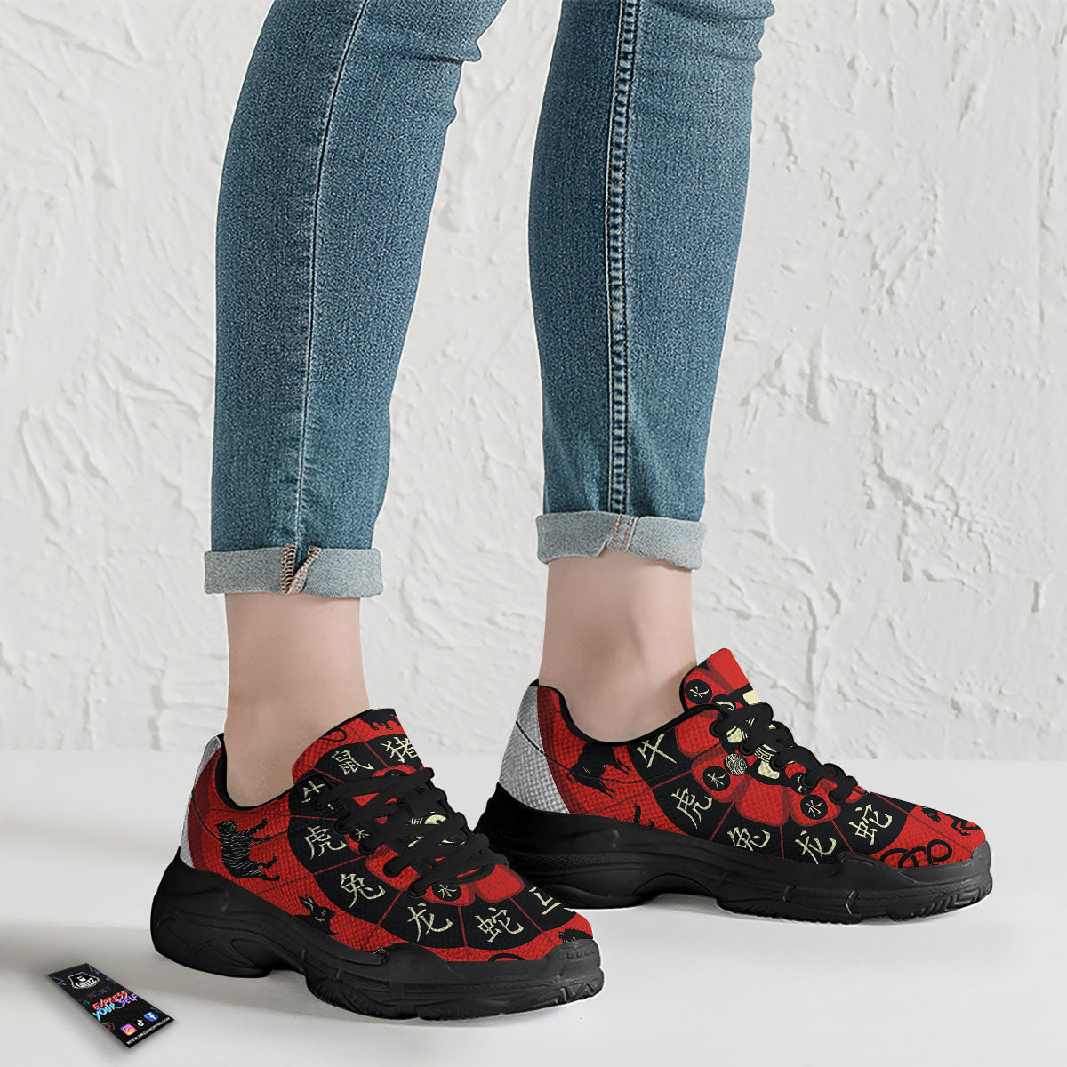 Chinese Zodiac Wheel Yin Yang Print Black Chunky Shoes-grizzshop