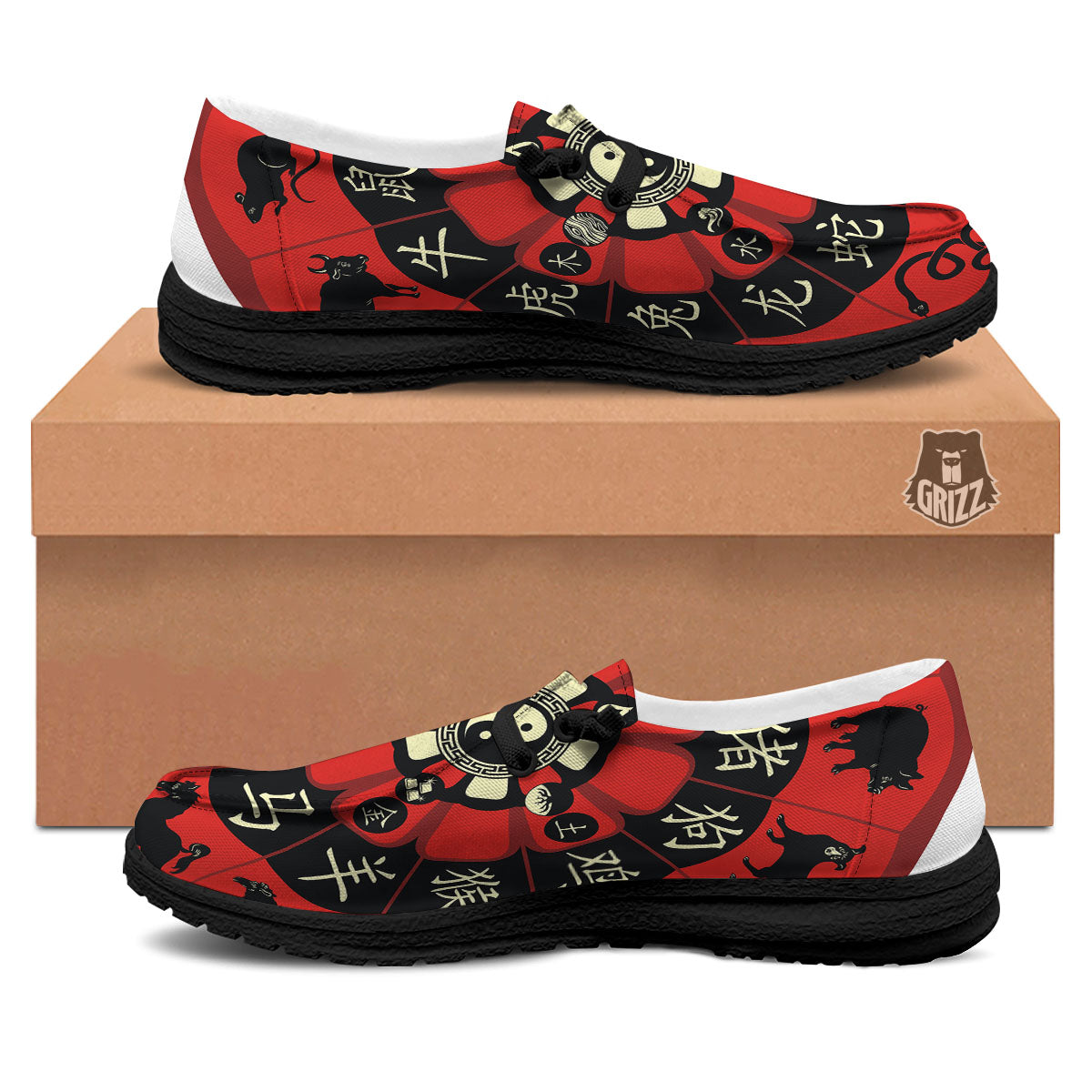 Chinese Zodiac Wheel Yin Yang Print Black Loafers-grizzshop