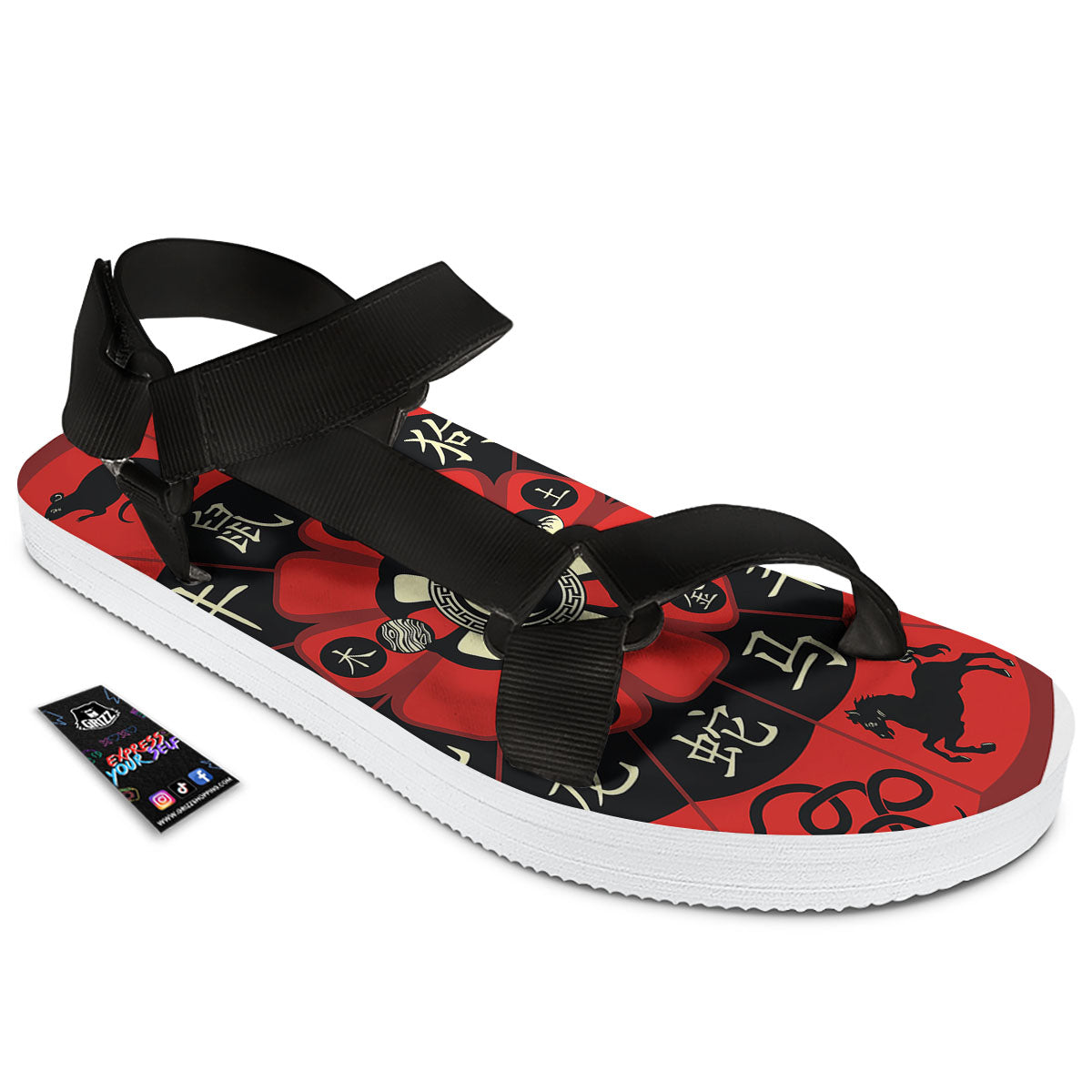 Chinese Zodiac Wheel Yin Yang Print Black Open Toe Sandals-grizzshop