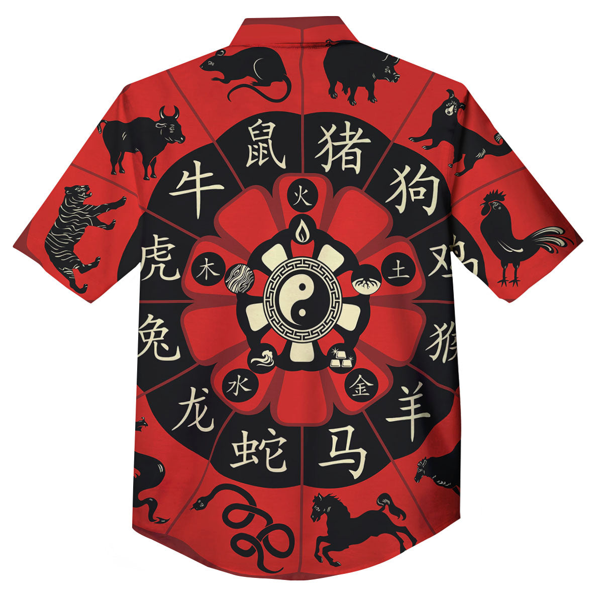 Chinese Zodiac Wheel Yin Yang Print Button Up Shirt-grizzshop