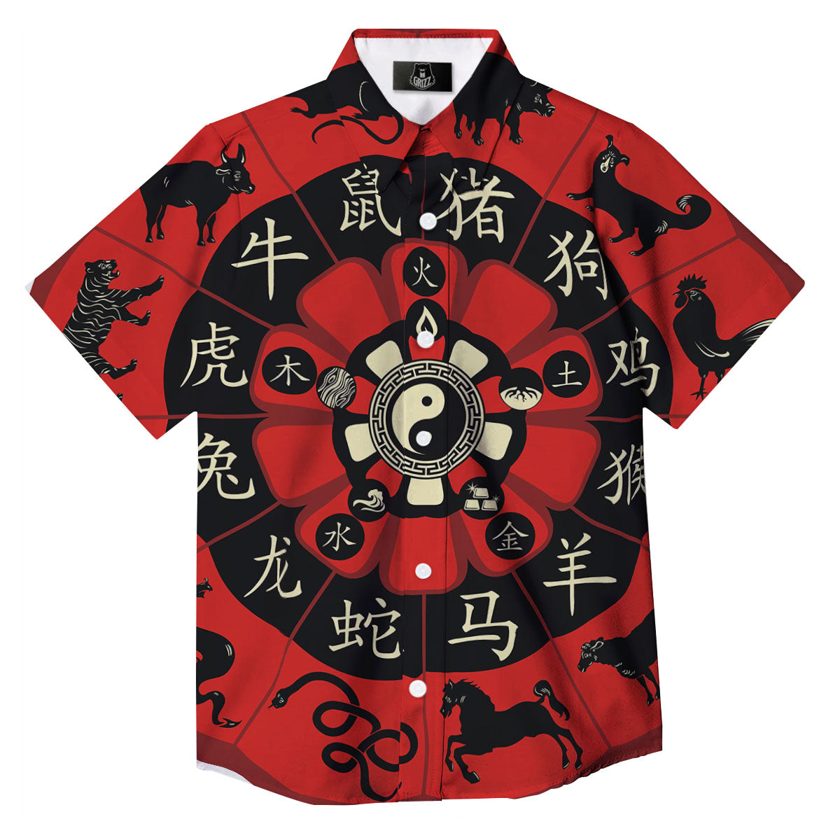 Chinese Zodiac Wheel Yin Yang Print Button Up Shirt-grizzshop
