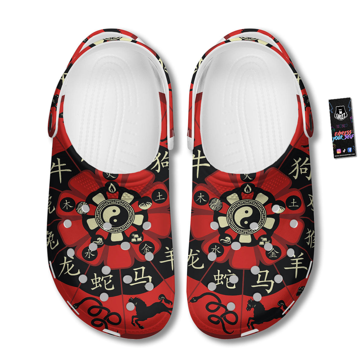 Chinese Zodiac Wheel Yin Yang Print Clog-grizzshop
