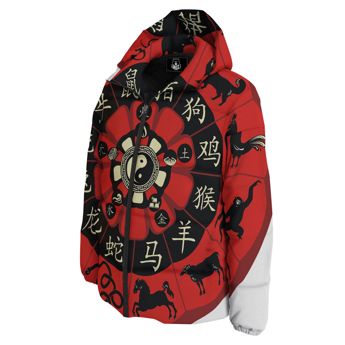 Chinese Zodiac Wheel Yin Yang Print Down Jacket-grizzshop