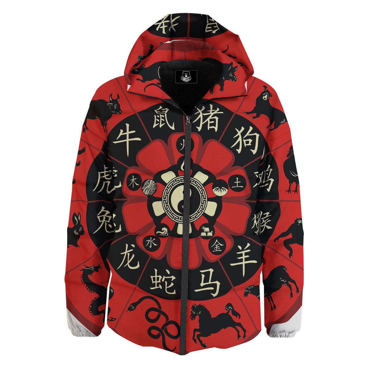 Chinese Zodiac Wheel Yin Yang Print Down Jacket-grizzshop