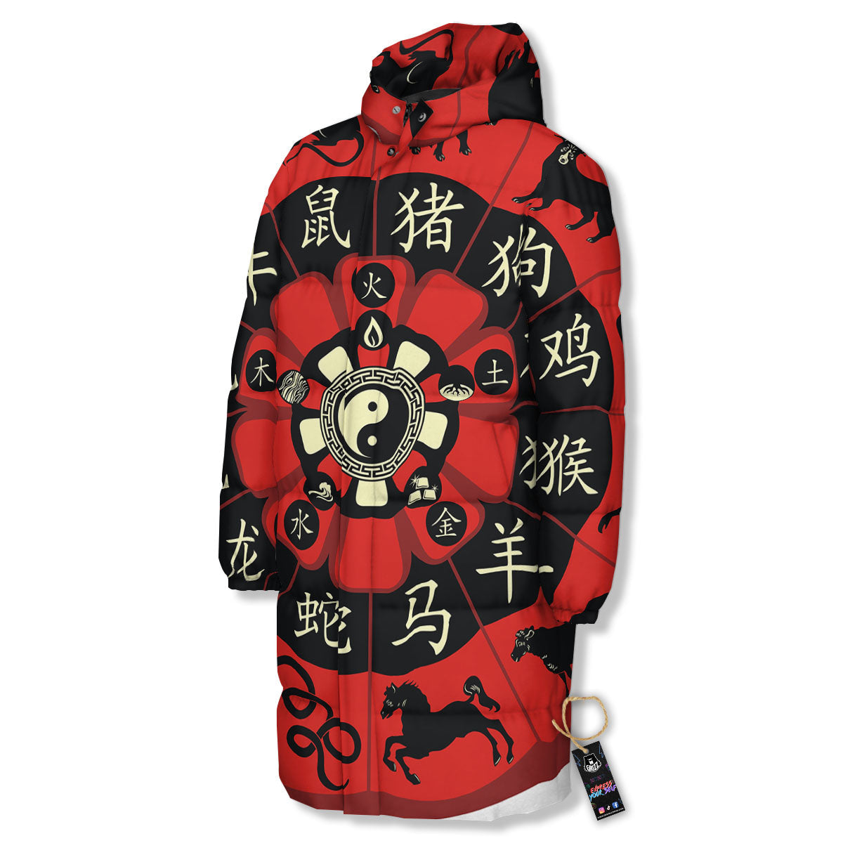 Chinese Zodiac Wheel Yin Yang Print Long Down Jacket-grizzshop