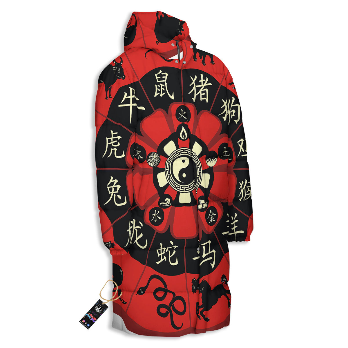 Chinese Zodiac Wheel Yin Yang Print Long Down Jacket-grizzshop